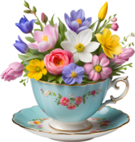 A vintage-style teacup overflowing with colorful spring flowers. Mothers Day clipart. AI-Generated. png