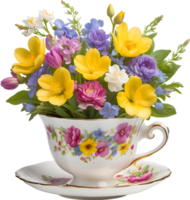 A vintage-style teacup overflowing with colorful spring flowers. Mothers Day clipart. AI-Generated. png