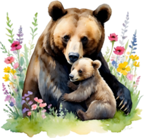 Watercolor painting of a momma bear cuddling her playful cub. Mothers Day clipart. AI-Generated. png