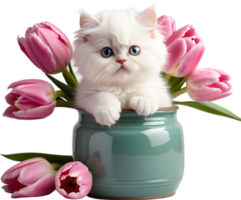 A fluffy white kitten peeking out from a vintage jar full of pink and purple tulips. Mothers Day clipart. AI-Generated. png