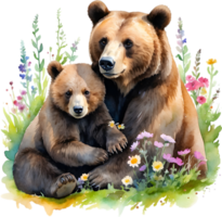 Watercolor painting of a momma bear cuddling her playful cub. Mothers Day clipart. AI-Generated. png