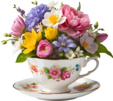 un' stile vintage tazza di tè traboccante con colorato primavera fiori. madri giorno clipart. ai-generato. png