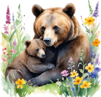 Watercolor painting of a momma bear cuddling her playful cub. Mothers Day clipart. AI-Generated. png