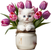 en fluffig vit kattunge kikar ut från en årgång burk full av rosa och lila tulpaner. mödrar dag ClipArt. ai-genererad. png