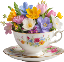 un estilo vintage taza para té desbordante con vistoso primavera flores madres día clipart. ai-generado. png