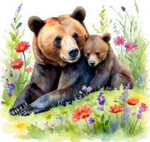 Watercolor painting of a momma bear cuddling her playful cub. Mothers Day clipart. AI-Generated. png