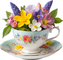 une style vintage tasse à thé débordé avec coloré printemps fleurs. les mères journée clipart. ai-généré. png