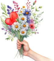 Watercolor painting of a hand holding a bouquet of mismatched wildflowers. Mothers Day clipart. AI-Generated. png