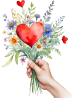 Watercolor painting of a hand holding a bouquet of mismatched wildflowers. Mothers Day clipart. AI-Generated. png