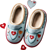 A pair of cozy slippers with little hearts embroidered on them. Mothers Day clipart. AI-Generated. png