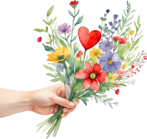 Watercolor painting of a hand holding a bouquet of mismatched wildflowers. Mothers Day clipart. AI-Generated. png