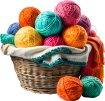 A basket overflowing with colorful yarn balls with a finished scarf peeking out. Mothers Day clipart. AI-Generated. png