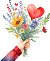 Watercolor painting of a hand holding a bouquet of mismatched wildflowers. Mothers Day clipart. AI-Generated. png