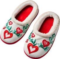 A pair of cozy slippers with little hearts embroidered on them. Mothers Day clipart. AI-Generated. png