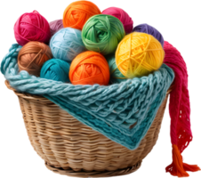 A basket overflowing with colorful yarn balls with a finished scarf peeking out. Mothers Day clipart. AI-Generated. png