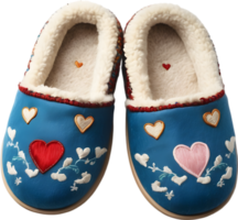 A pair of cozy slippers with little hearts embroidered on them. Mothers Day clipart. AI-Generated. png