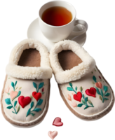 A pair of cozy slippers with little hearts embroidered on them. Mothers Day clipart. AI-Generated. png