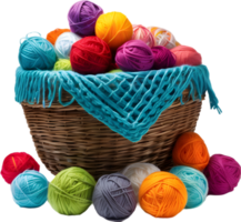 A basket overflowing with colorful yarn balls with a finished scarf peeking out. Mothers Day clipart. AI-Generated. png
