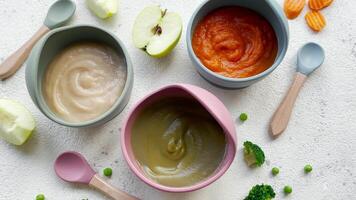 Healthy baby food in bowls. video
