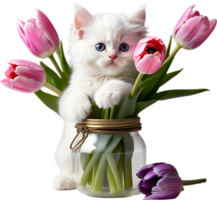 A fluffy white kitten peeking out from a vintage jar. AI-Generated. png