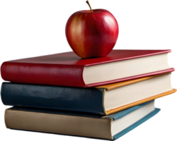 A stack of colorful books with a red apple on top. Mothers Day clipart. AI-Generated. png