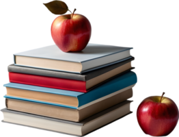 A stack of colorful books with a red apple on top. Mothers Day clipart. AI-Generated. png