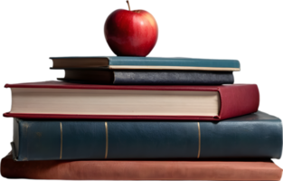 A stack of colorful books with a red apple on top. Mothers Day clipart. AI-Generated. png