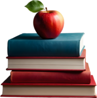 A stack of colorful books with a red apple on top. Mothers Day clipart. AI-Generated. png