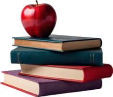 A stack of colorful books with a red apple on top. Mothers Day clipart. AI-Generated. png