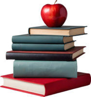 A stack of colorful books with a red apple on top. Mothers Day clipart. AI-Generated. png