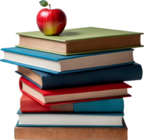 A stack of colorful books with a red apple on top. Mothers Day clipart. AI-Generated. png