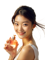 beautiful korean young woman smiling with pink gold perfume bottle. png