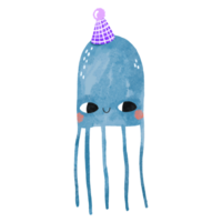 Blue jellyfish in cartoon style. Medusa celebrates birthday. Medusa in a festive cap. Children's hand drawn illustration on isolated background png