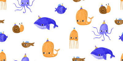 Seamless pattern with fish and jellyfish, whales. Deep underwater. Oceania. Children's hand drawn cartoon illustration on isolated background png