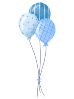 Komposition mit drei luftig Blau Luftballons. Hand gezeichnet Karikatur Illustration auf isoliert Hintergrund png