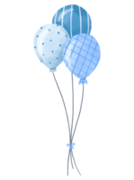 Composition with three airy blue balloons. Hand drawn cartoon illustration on isolated background png