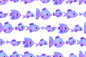 Seamless pattern with cartoon blue striped fish. Deep underwater. Underwater world of the ocean. Children's hand drawn illustration on isolated background png
