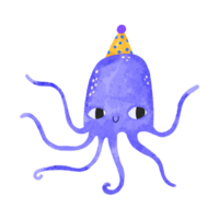 Undersea world. Child's drawing of a blue eight in a party hat celebrating a birthday. Deep underwater. Oceania. Children's hand drawn cartoon illustration on isolated background png