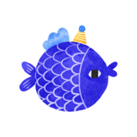 submarino mundo. criança ilustração do uma azul peixe dentro uma festivo boné a comemorar uma aniversário. profundo embaixo da agua. Oceânia. crianças mão desenhado desenho animado ilustração em isolado fundo png