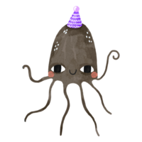 Black jellyfish in cartoon style. Medusa in a festive cap celebrates birthday. Undersea world. Children's hand drawn illustration on isolated background png