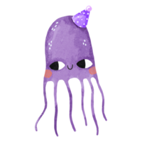 roxa medusa dentro desenho animado estilo. medusa comemora aniversário. medusa dentro uma festivo boné. submarino mundo. crianças mão desenhado ilustração em isolado fundo png