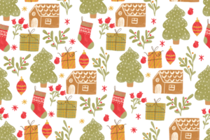 Seamless Christmas pattern with gingerbread and fir trees, socks and gifts. New Year's clipart. Ideal for background. Christmas design png