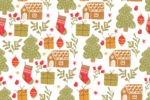 senza soluzione di continuità Natale modello con Pan di zenzero e abete alberi, calzini e i regali. nuovo anni clipart. ideale per sfondo. Natale design png