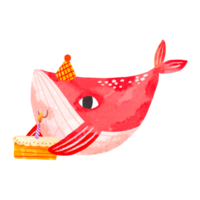Pink whale in a festive cap with a cake. Fish celebrates his birthday. Deep underwater. Oceania. Children's hand drawn cartoon illustration on isolated background png
