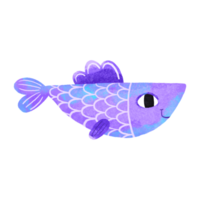 Blue and purple long fish in cartoon style with big eyes. Ideal for stickers and children's room decor. Children's hand drawn illustration on isolated background png