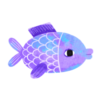 Blue and purple round fish in cartoon style with big eyes. Ideal for stickers and children's room decor. Children's hand drawn illustration on isolated background png