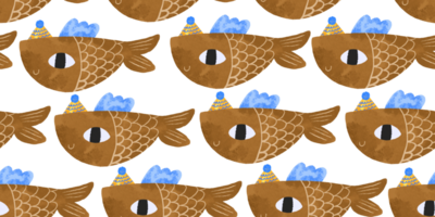 Seamless pattern with brown simple fishes. Deep underwater. Oceania. Children's hand drawn cartoon illustration on isolated background png