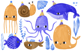 Undersea world. Set of fish. Children's collection with jellyfish and whales celebrate birthday. Deep underwater. Oceania. Children's hand drawn cartoon illustration on isolated background png