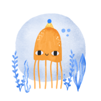 Composition with jellyfish on the seabed with algae and corals. Happy birthday. Cute hand drawn illustration on isolated background png