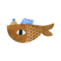 Undersea world. Children's drawing of a fish in a festive cap celebrating a birthday. Deep underwater. Oceania. Children's hand drawn cartoon illustration on isolated background png